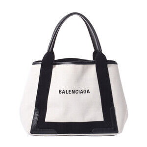 BALENCIAGA Cabas White Black Canvas Leather Handbag